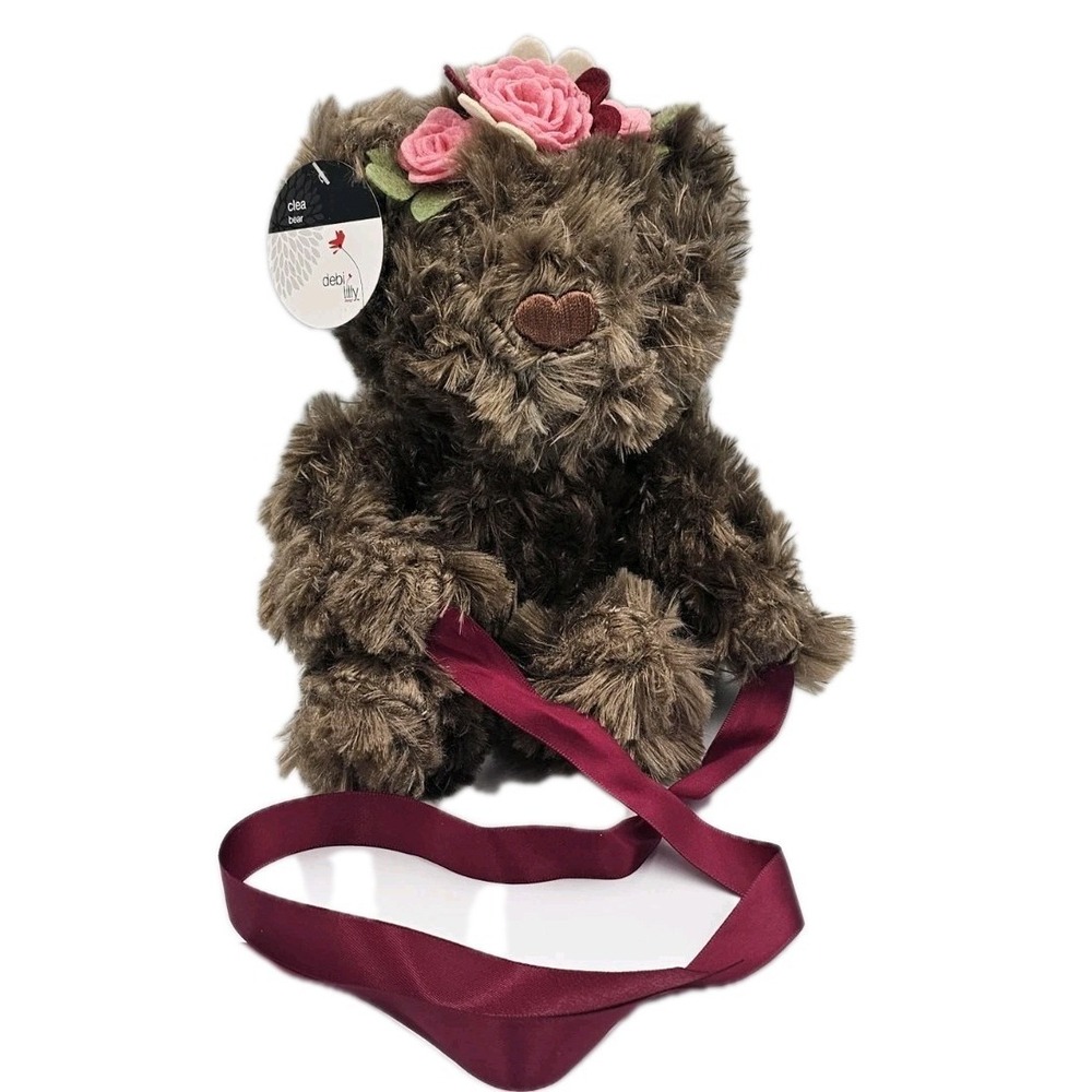 Debi Lilly Floral Bear Plush 8" Brown Stuffed Animal Ribbons Flowers CUTE PL-3